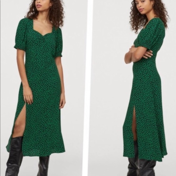 Green Black Floral Print Ruched Midi Slit Dress - Picture 2 of 3